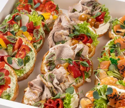 Open-faced sandwiches and seafood canapés